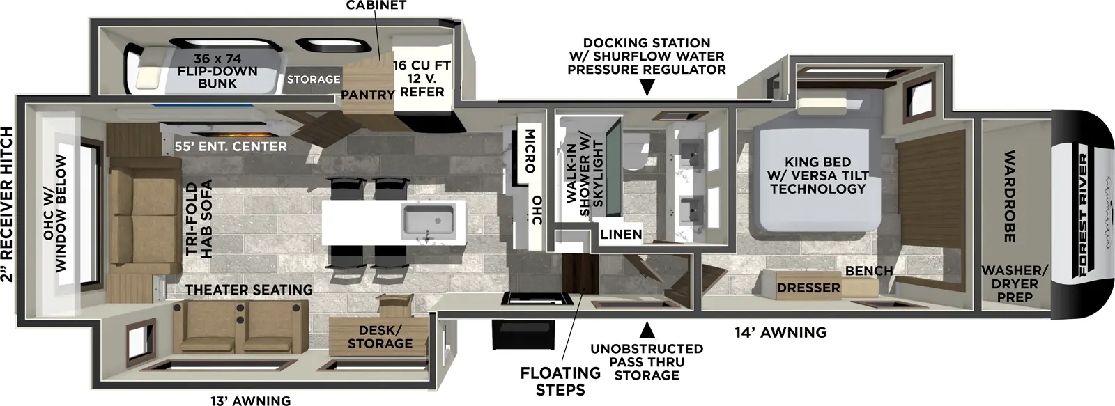 The Impression 318RL floorplan has one entry and three slide outs. Exterior features include: fiberglass exterior and 13' & 14' awning. Interiors features include: bunk beds, kitchen island, front bedroom and rear living.